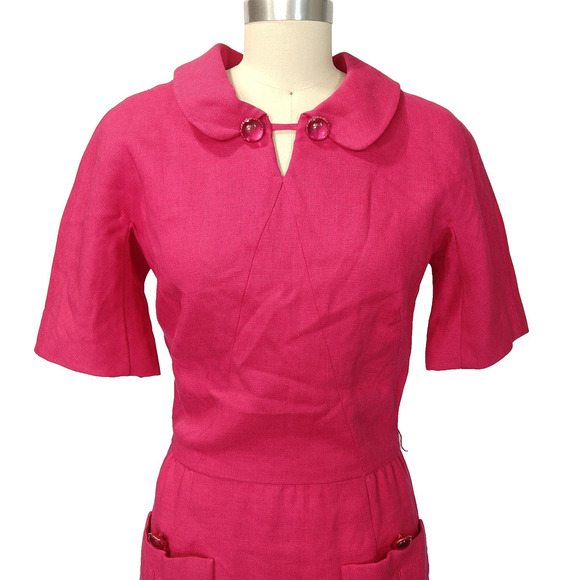 Vintage 60s Paul Parnes Pink Shirt Dress Size S M Peter Pan Collar Pockets Mod - Picture 3 of 13